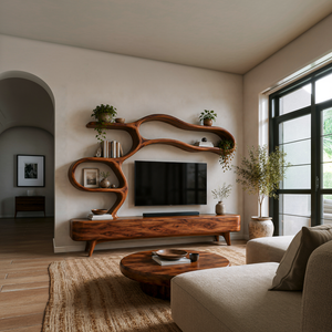 Organic Modern Wood TV Cabinet With Flowing Shelving For Living