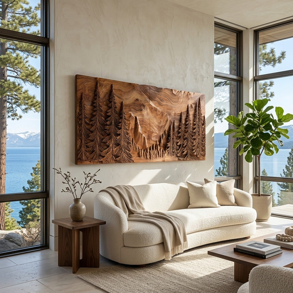 Modern Forest Mountain Wood Wall Art For Living Room