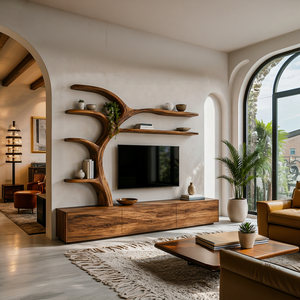 Wooden TV Stand With Branch Display Shelves For Living Room