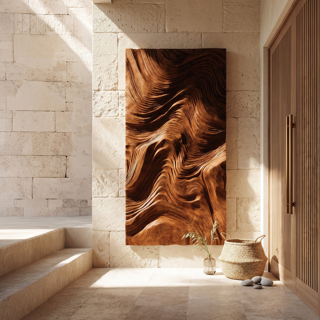 Contemporary Wave Carved Texture Wood Wall Art For Entryway