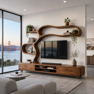 Contemporary Wooden TV Cabinet With Sculptural Frame For Living Room