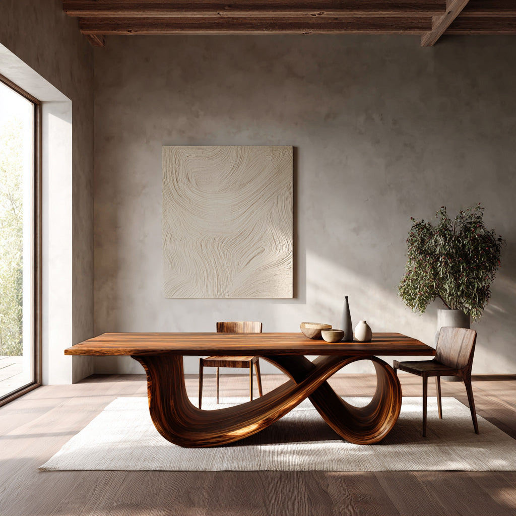 Organic Wood Dining Table With Infinity Loop Base For Kitchen