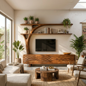 Luxury Wood TV Cabinet With Sculptural Open Shelving For Interior