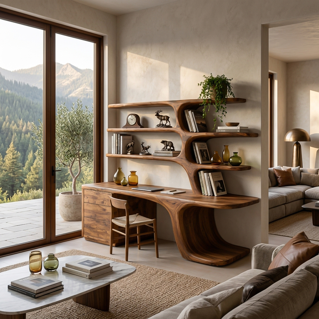 Modern Wood Desk With Built In Bookshelves For Workspace