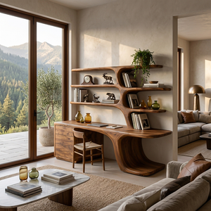 Modern Wood Desk With Built In Bookshelves For Workspace
