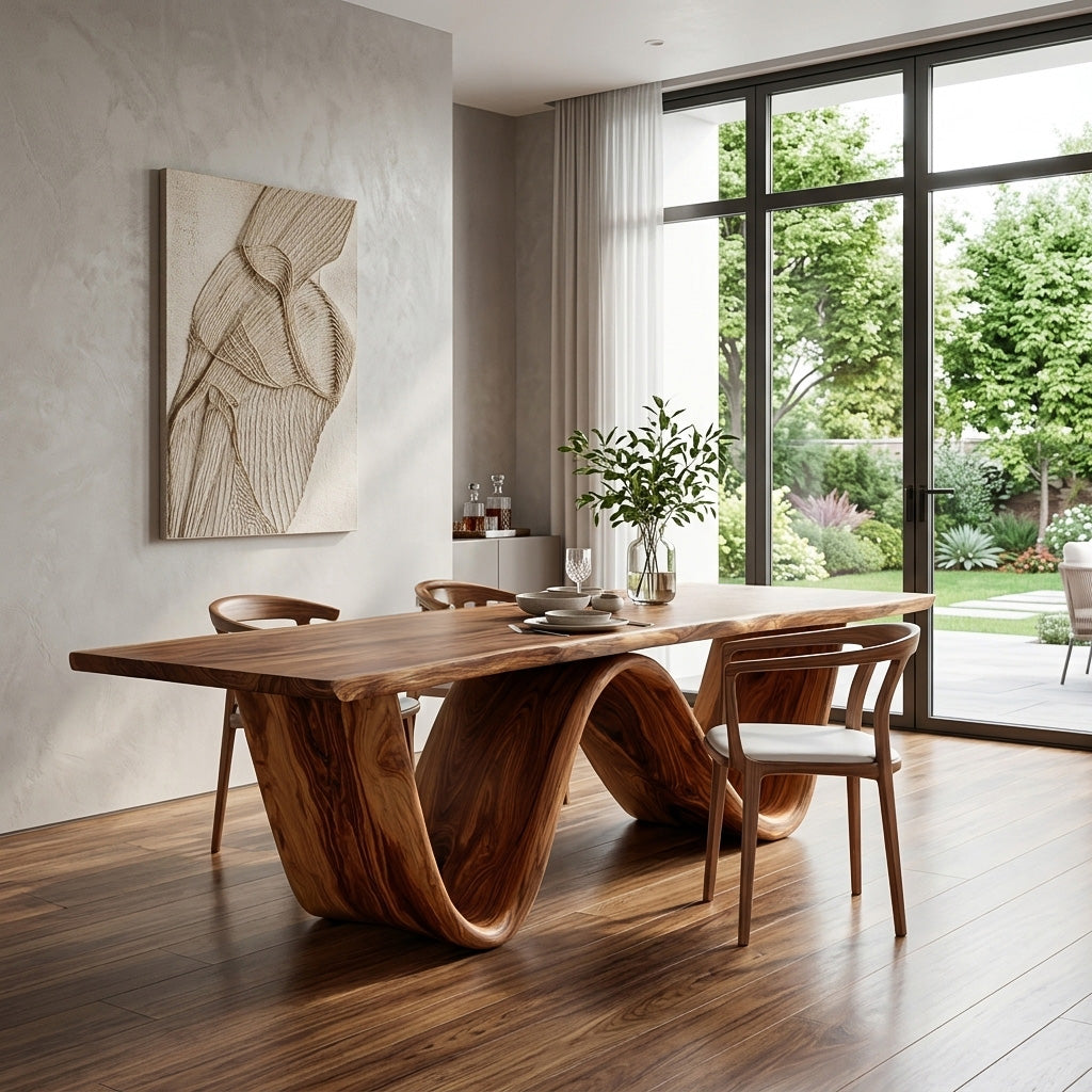 Organic Wooden Dining Table With W-shaped Base For Dining Space