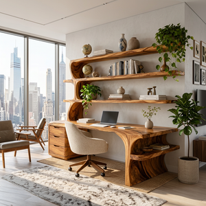Sculptural Wood Desk With Curved Shelving And Drawer For Office