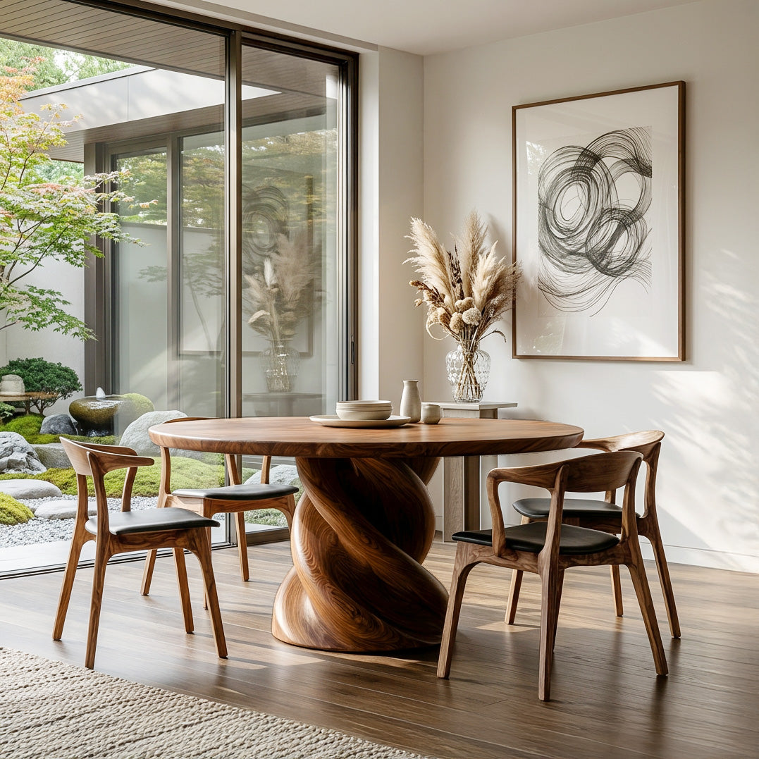 Organic Twisted Pedestal Round Wood Dining Table For Breakfast Nook