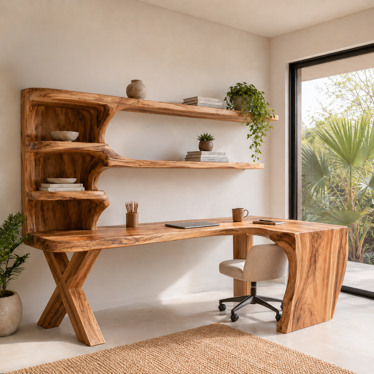 Contemporary Wood Desk With Curved Bookshelves For Home Office