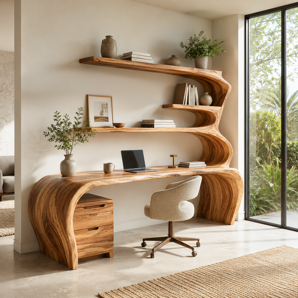 Sculptural Wooden Desk With Rounded Edges For Home Office