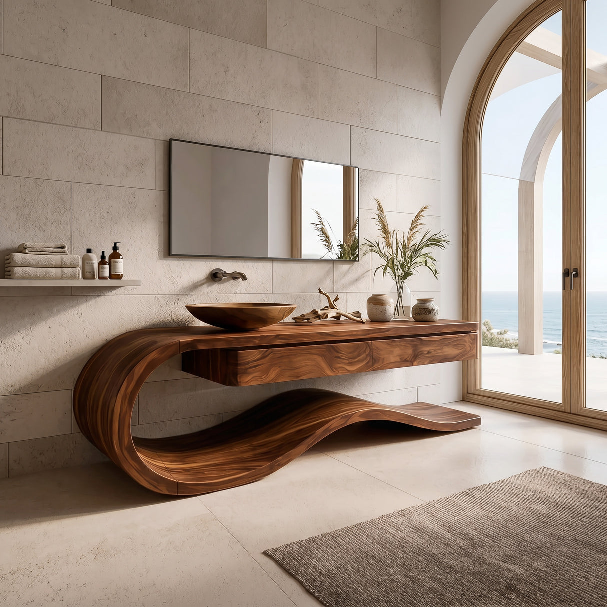 Organic Wooden Bathroom Vanity With Flowing Structure For Bathroom