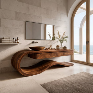Organic Wooden Bathroom Vanity With Flowing Structure For Bathroom