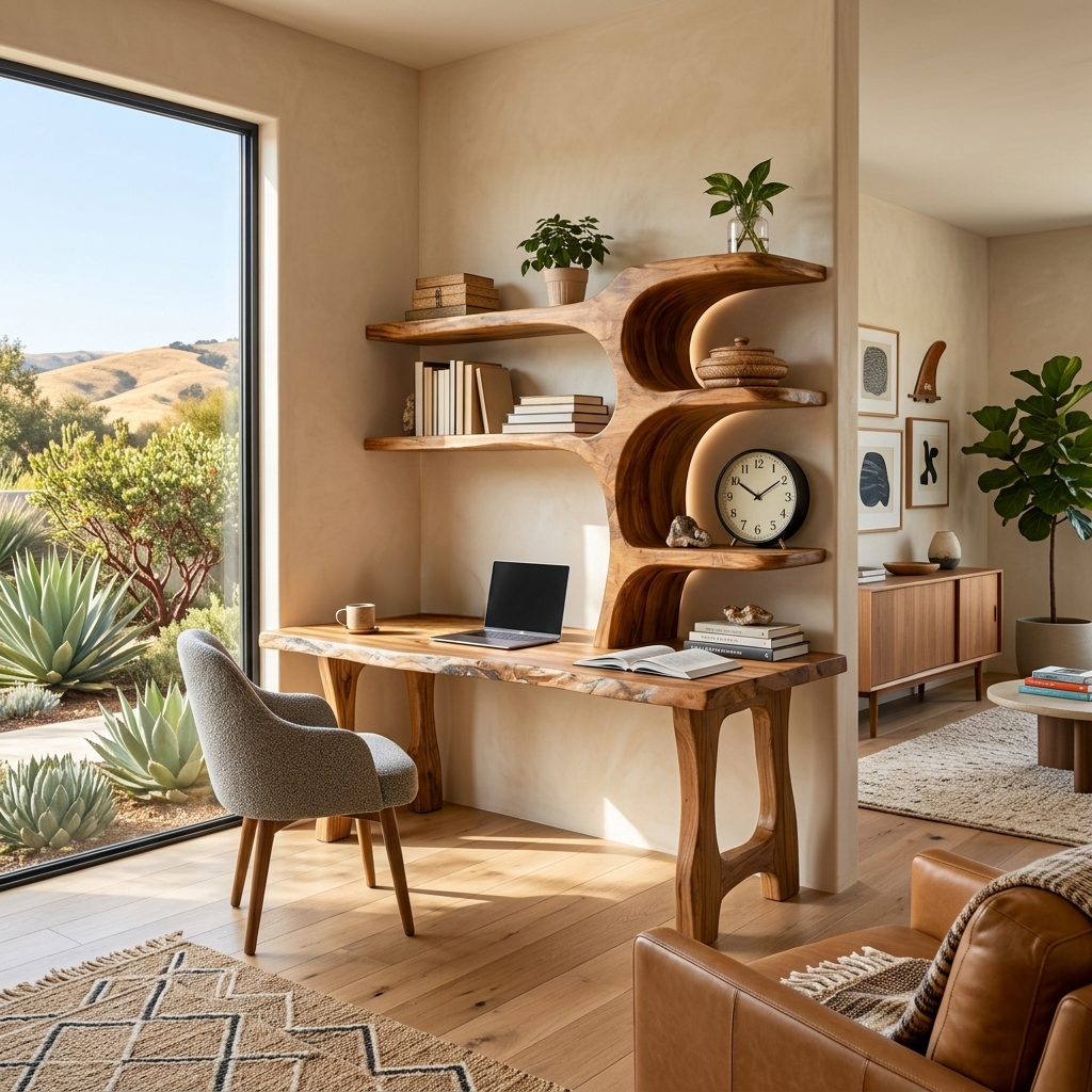 Handcrafted Wood Desk With Open Shelves For Workspace Decor