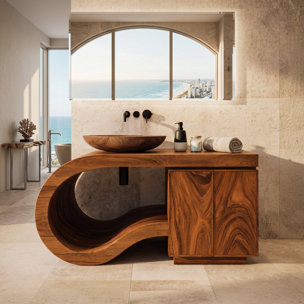Modern Wooden Bathroom Vanity With Curved Pedestal For Bathroom