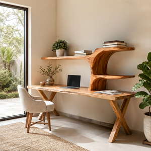 Organic Sculptural Wood Desk With Integrated Bookshelf For Home Office