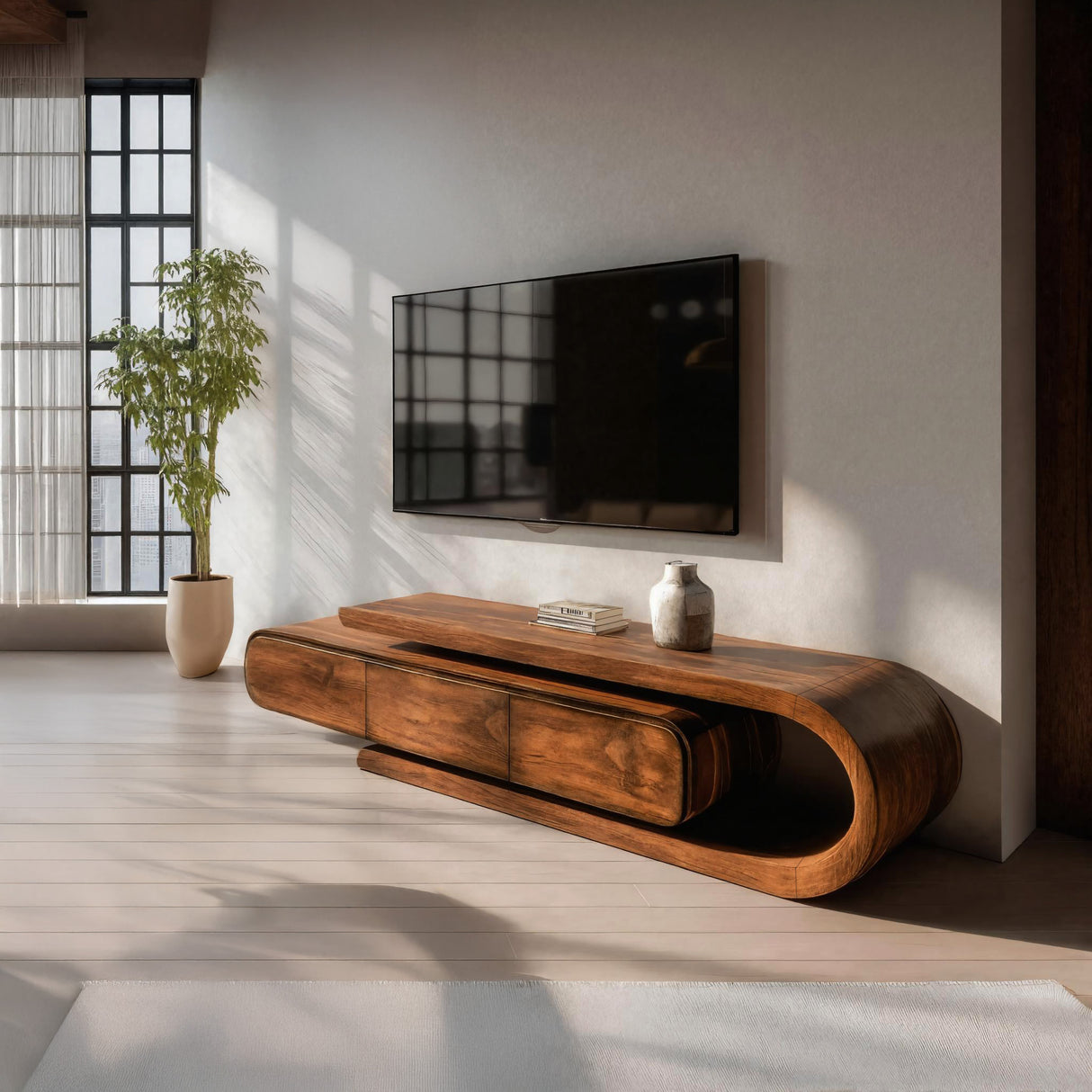 Contemporary Curved Wooden TV Console For Living Room