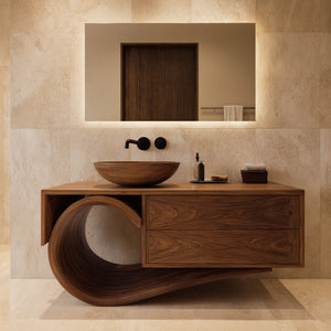 Modern Bathroom Vanity With Curved Loop Base For Bathroom Use