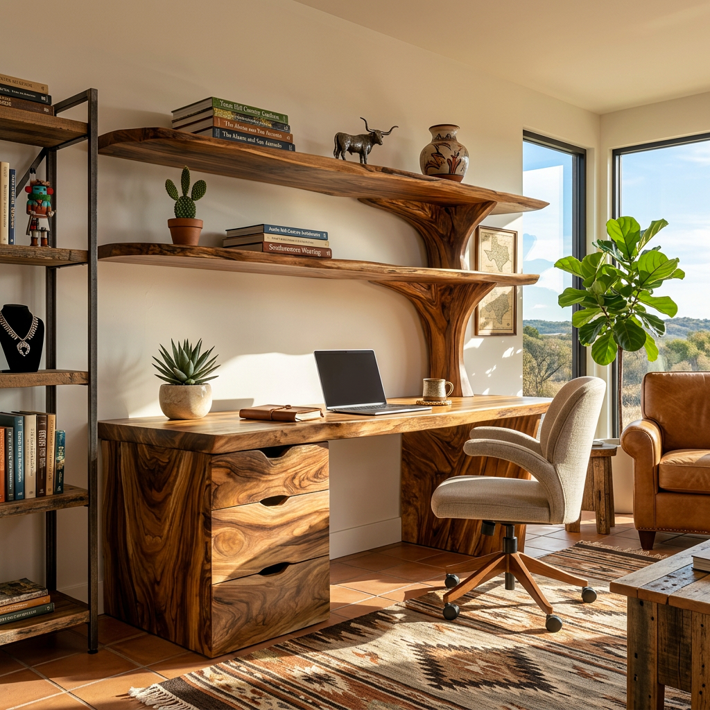 Wooden Desk With Integrated Shelving And Drawer For Contemporary Office