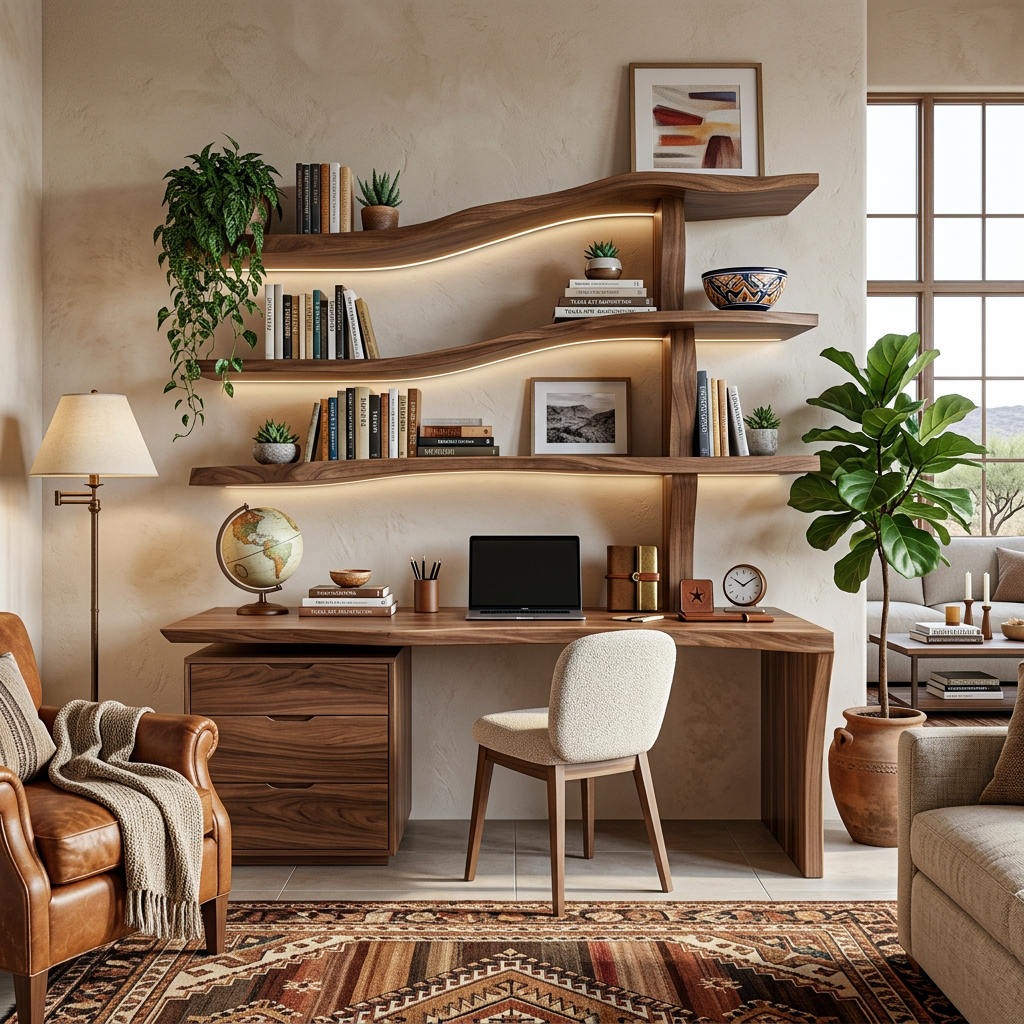 Wooden Desk With Curved Bookshelves And Drawers For Luxury Workspace