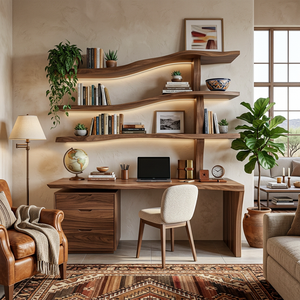 Wooden Desk With Curved Bookshelves And Drawers For Luxury Workspace
