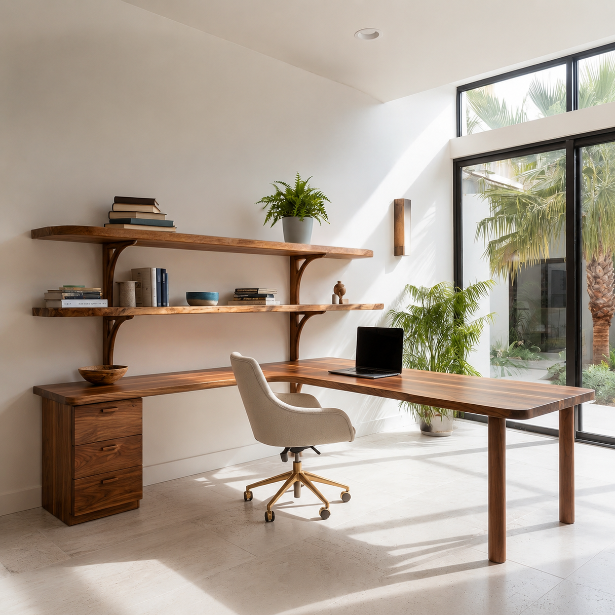 Modern L-Shaped Desk With Open Bookshelves For Home Study