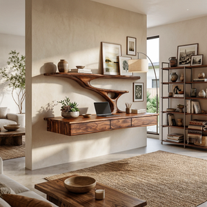 Wall Mounted Wood Desk With Upper Shelves For Home Office