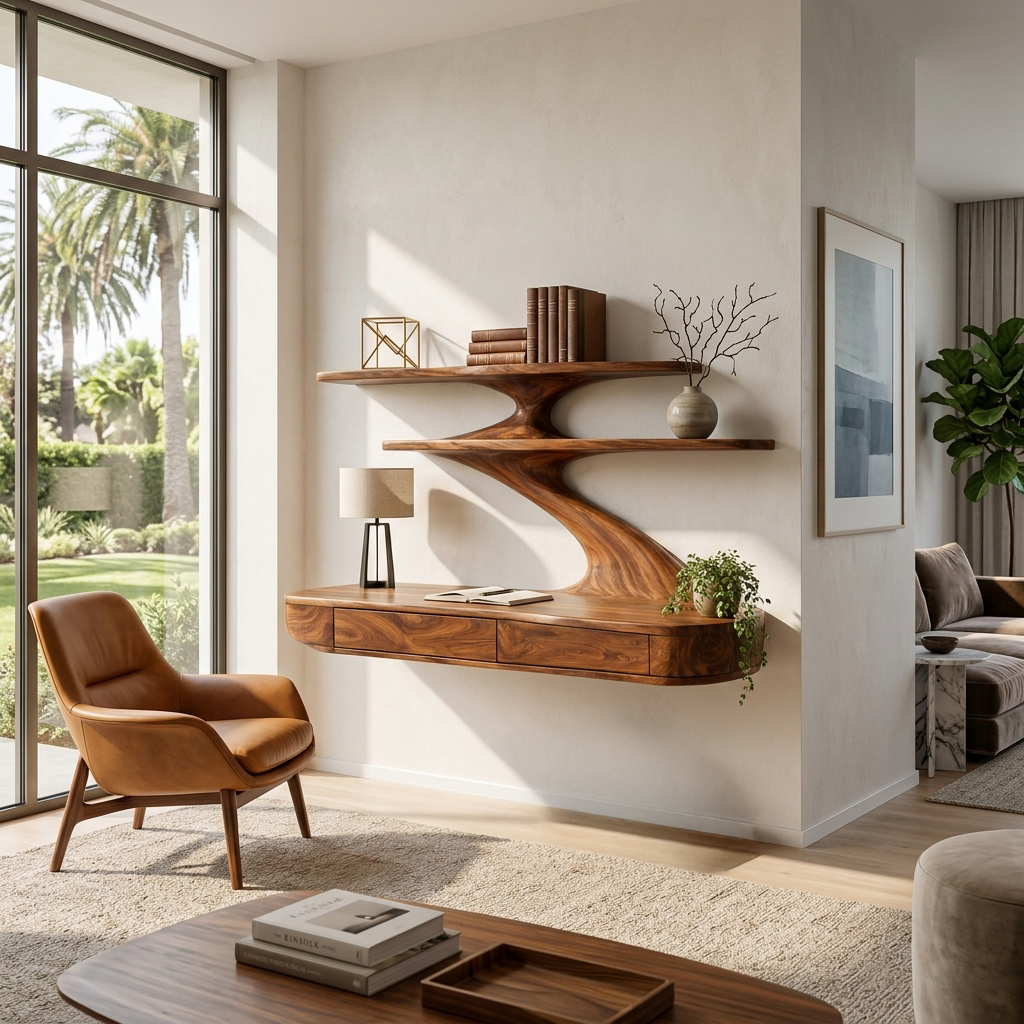 Floating Wooden Desk With Curved Upper Shelf Frame For Workspace