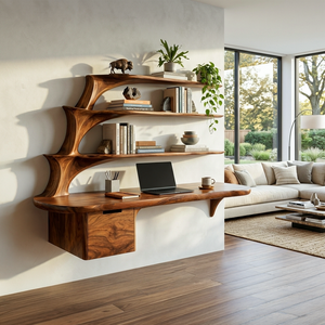 Contemporary Floating Desk With Display Shelves And Drawers For Workspace