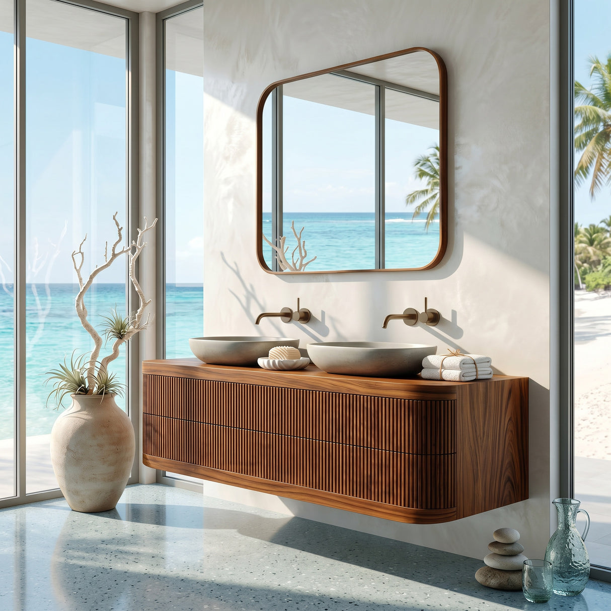 Contemporary Wooden Floating Bathroom Vanity With Fluted Front For Bathroom
