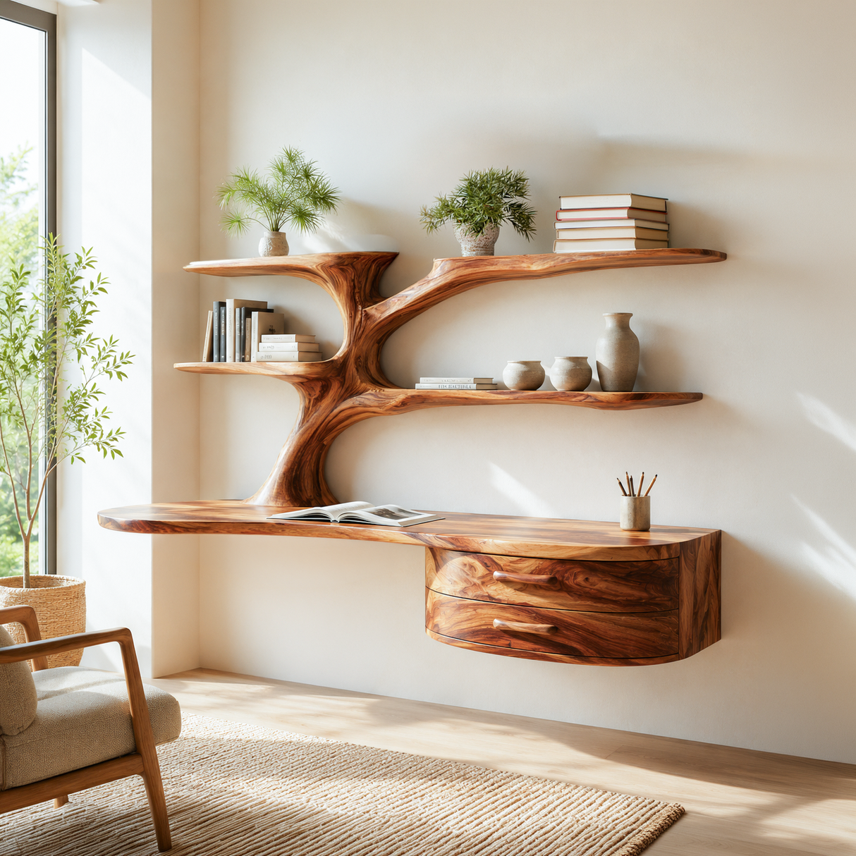 Rustic Wooden Desk With Sculptural Shelving And Drawer For Workspace