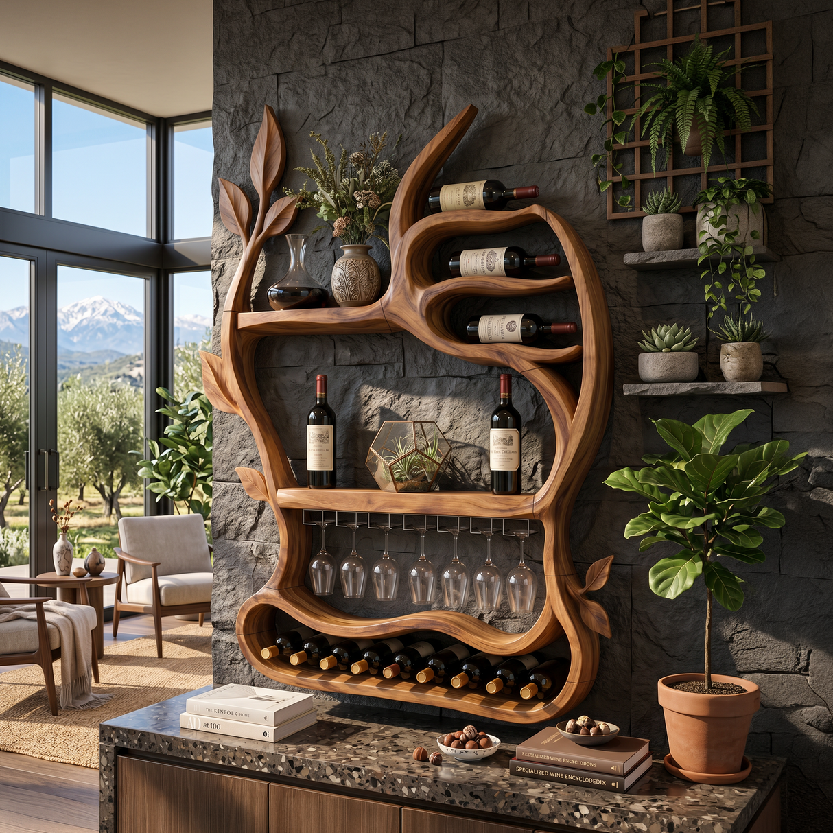 Mid Century Landscape Wine Holder For Dining Room