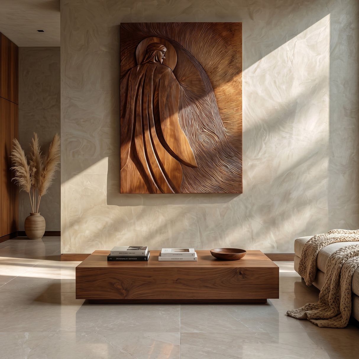 Contemporary Wooden Wall Art With Carved Figure For Living Room