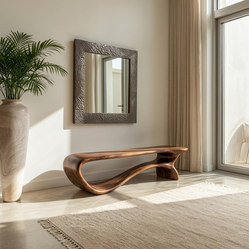Minimalist Curved Natural Wood Bench For Living Room Decor