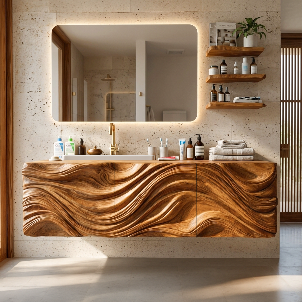 Modern Bathroom Vanity With Ocean Wave Carved Wood Cabinet For Home