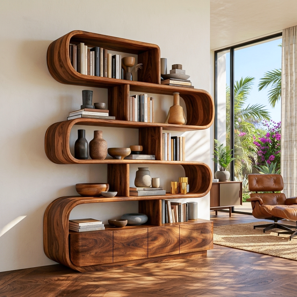 Organic Wooden Bookshelf With Flowing Form For Home Interior