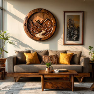 Rustic Wood Wall Clock Mountain Landscape Decor For Living