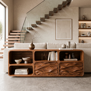 Contemporary Console Table With Wave Carved Drawers For Living Room