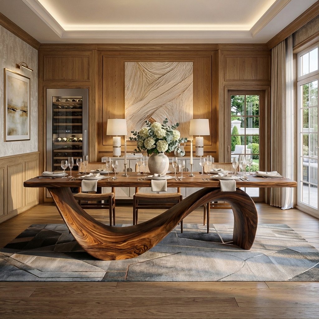 Modern Wooden Dining Table With Curved Base For Dining Area