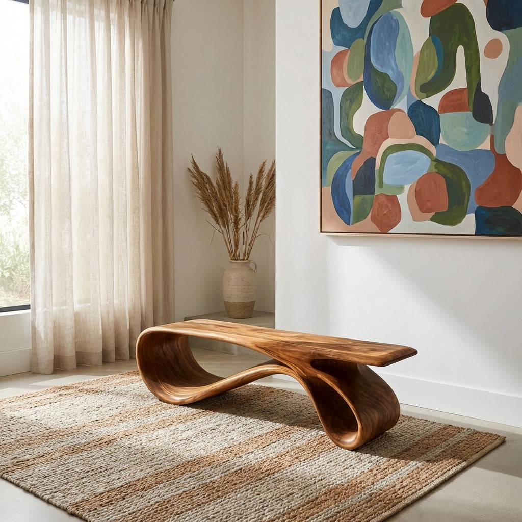 Curved Natural Wood Bench For Contemporary Living Room Decor