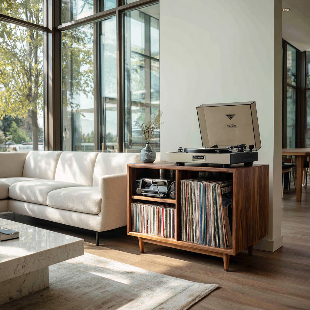 Minimalist Record Player Cabinet With Three Open Shelves For Home