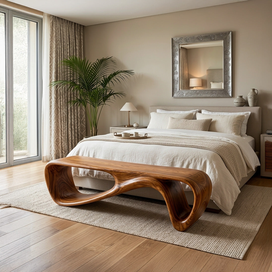 Curved Wooden Bench For Minimalist Living Room Decor