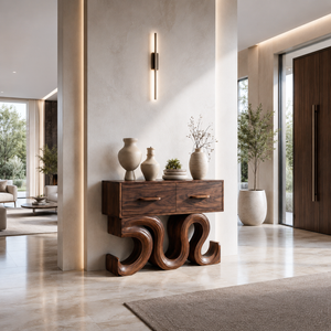 Rustic Wood Console Table With Unique Sculptural Base For Interior