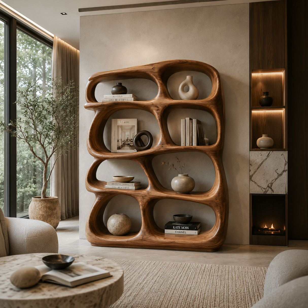 Organic Wooden Bookshelf With Sculptural Open Shelving For Living Room