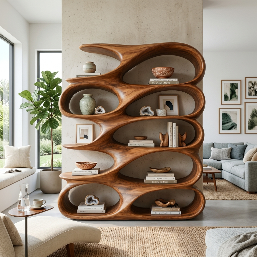 Modern Sculptural Bookshelf With Carved Flowing Shelves For Home