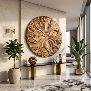 Round Wood Wall Decor With Floral Texture For Foyer