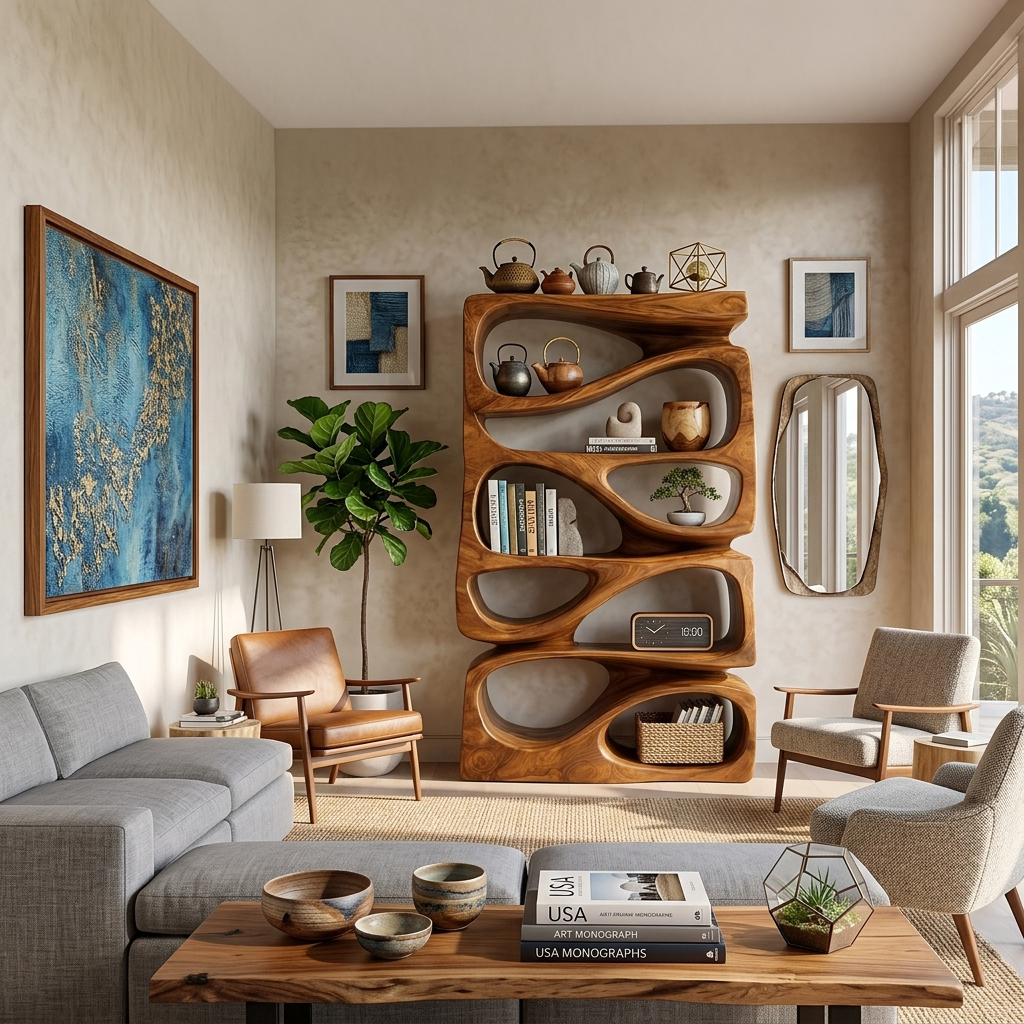Organic Bookshelf With Display and Storage For Living Room