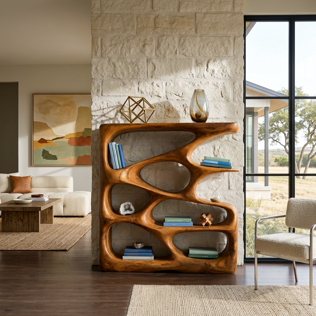 Designer Wooden Bookshelf With Sculptural Shelves For Decorative Accents