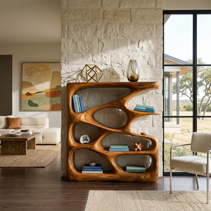 Designer Wooden Bookshelf With Sculptural Shelves For Decorative Accents