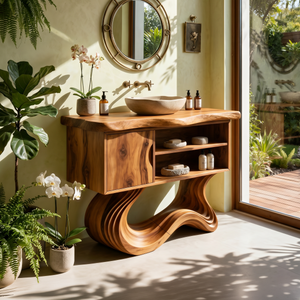 Scandinavian Carved Vanity With Display Shelf For Interior