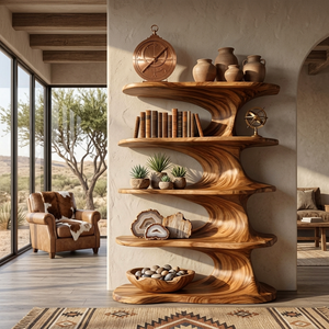 Modern Wooden Bookshelf With Flowing Organic Lines For Living Room